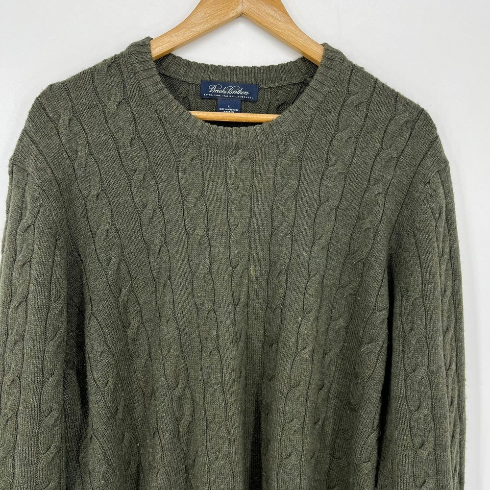 Brooks Brothers Mens Large Olive Green 100% Italian Lambswool Cable Knit Sweater - Picture 7 of 11